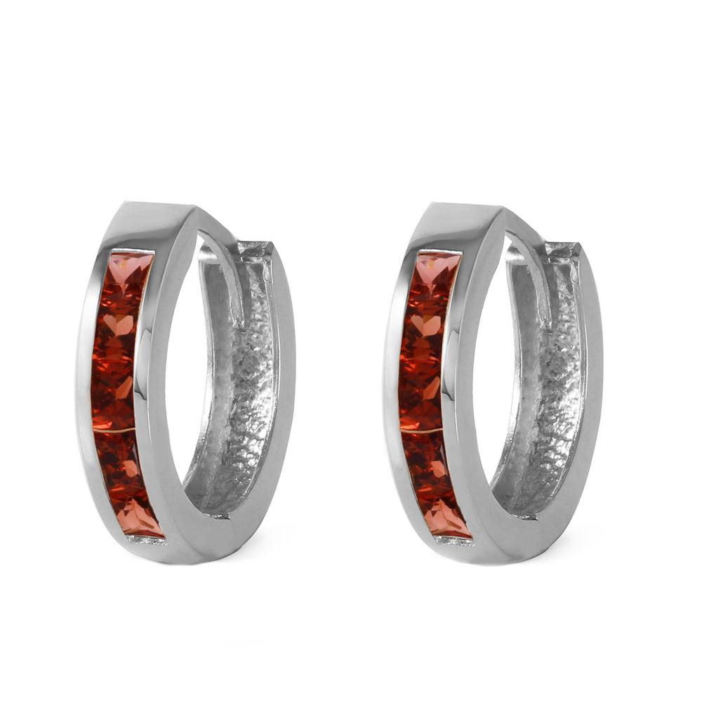 14K. SOLID GOLD HOOP HUGGIE EARRING WITH GARNETS (White Gold)